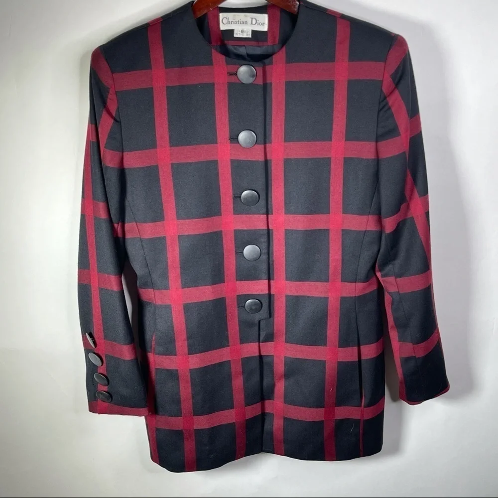 Christian Dior Vintage Wool Plaid Blazer Black Red